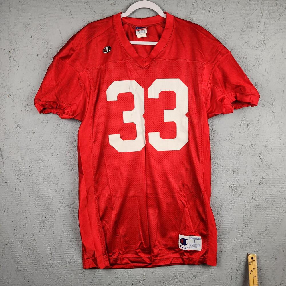 VintageChampion Football Jersey Mens Large Red #33 Mesh Practice V Neck Nylon